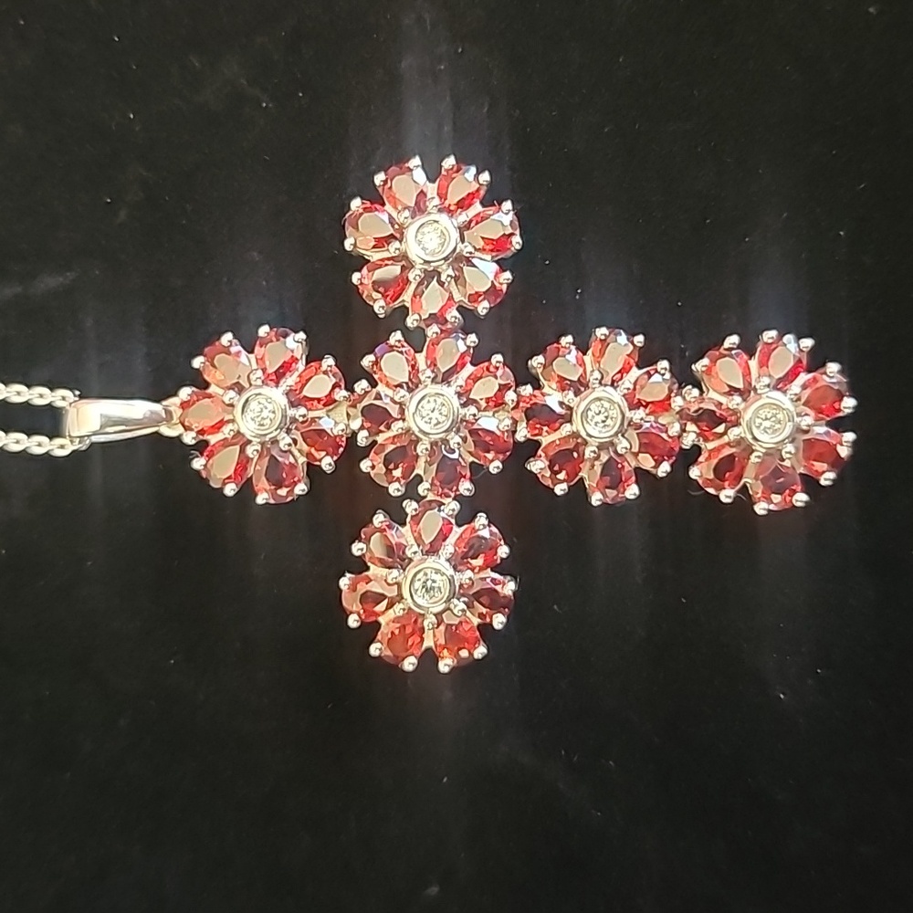 Mozambique Garnet and White Zircon Floral Cross Pendant
